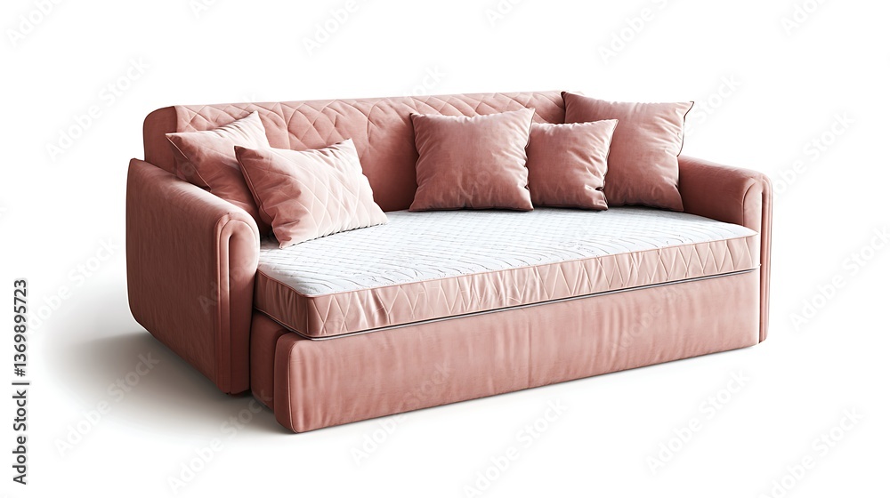 Naklejka premium Elegant pink velvet sofa with matching pillows, isolated on white for interior design.