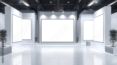 Event exhibition trade stand. White promotional advertising technology digital booth