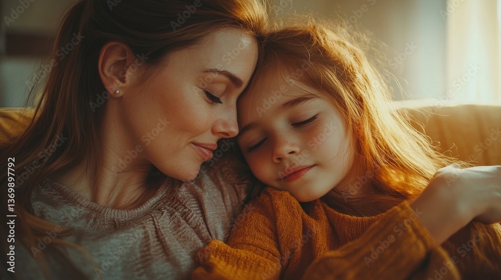 Young mom and daughter schoolgirl bonding, preparing kid girl for classes, hugging touching forehead at home interior, side view Young mom and daughter schoolgirl bonding, preparing kid girl for classes, hugging touching forehead at home interior, side view