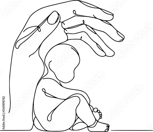 Line Art of Mother's Hand Protecting a Baby, the concept of caring and maternal support