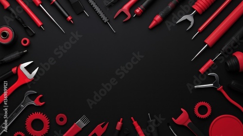 A collection of red tools arranged on a black background, showcasing various hand tools and gear, emphasizing a bold and industrial aesthetic.