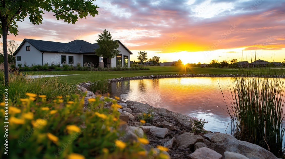 Serene Sunset Over Tranquil Pond and Home Serene Sunset Over Tranquil Pond and Home