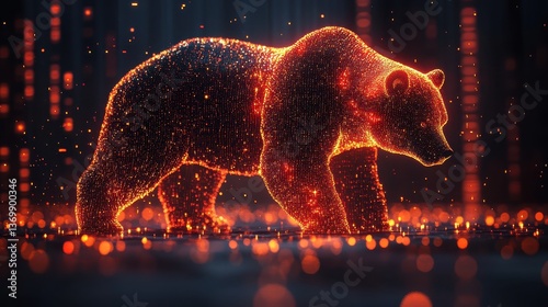 Fiery stock data swirling into the shape of a glowing bear downtrend, selective focus, focus on bold market strategies, dynamic, fusion, backdrop of a neonlit cityscape