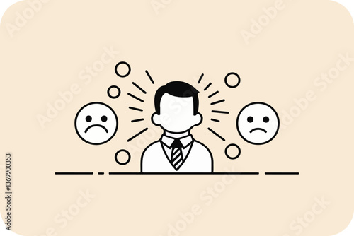 Anxiety and Stress: Man Caught Between Conflicting Emotions, Illustrated with Sad Faces and Frustration Lines in a Minimalist Style