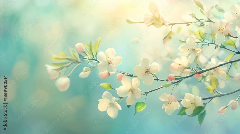 Obraz premium Delicate white spring flowers on blooming branches with soft sunlight and pastel bokeh background for Easter theme