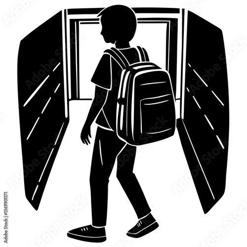 A silhouette of a student carrying a heavy backpack, walking through a school hallway 