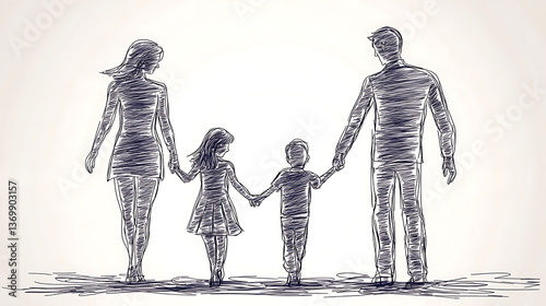 A family of four is holding hands and walking together
