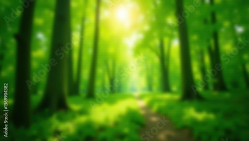 Deep green bokeh, blurred forest scene, sunlit canopy, background, glowing, fresh