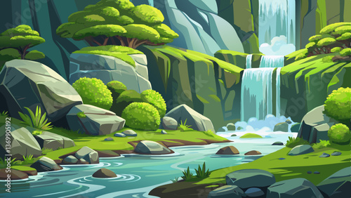 moss-covered rocks with a small waterfall and vibrant greenery, Highly detailed vector illustration