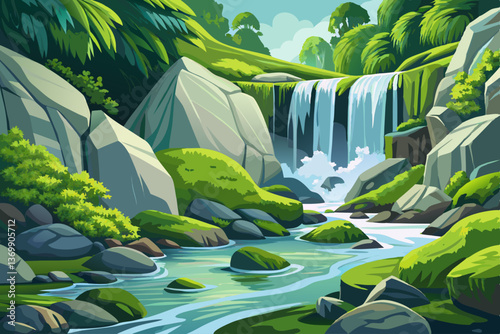 moss-covered rocks with a small waterfall and vibrant greenery, Highly detailed vector illustration