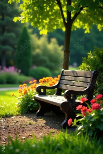 A charming wooden bench sits amidst flourishing flowerbeds in a well-kept yard , photography, sunny, flowers