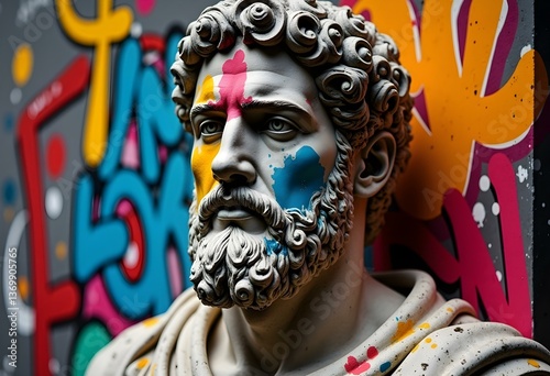 Classical Greek bust statue with colorful graffiti splashes and bold street art background