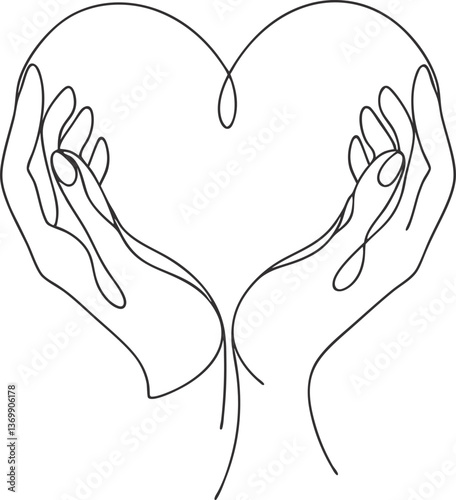 Hands forming a heart shape in minimalist line art style, The concept of caring, protection, maternal support, self-help, self-support