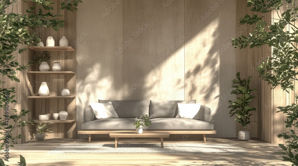 Fototapeta premium Serene 3D interior. Gray couch, wood accents, and fresh greenery create a warm, inviting living space. A touch of modern elegance