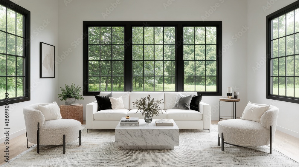 Fototapeta premium Modern Living Room with Large Windows and Elegant Furniture Design