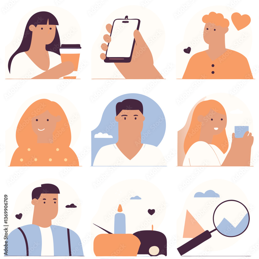 Set of young women in various poses, business user avatar icon vector illustration Set of young women in various poses, business user avatar icon vector illustration