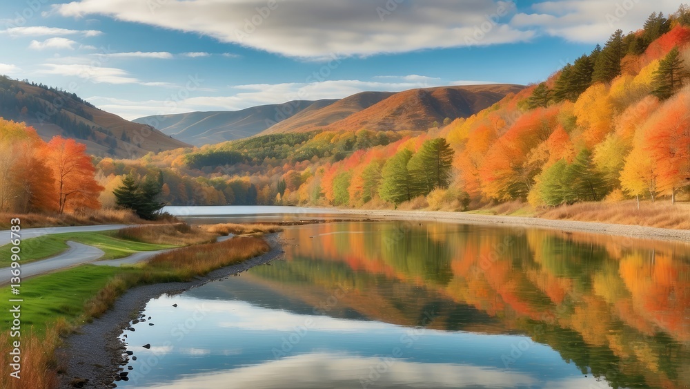 Obraz premium A serene landscape featuring a calm lake reflecting vibrant autumn foliage along its shore.