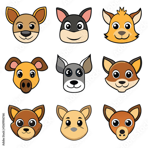 Funny animal cartoon vector illustration set featuring cute cat, dog, fox, rabbit, pig, and bear characters