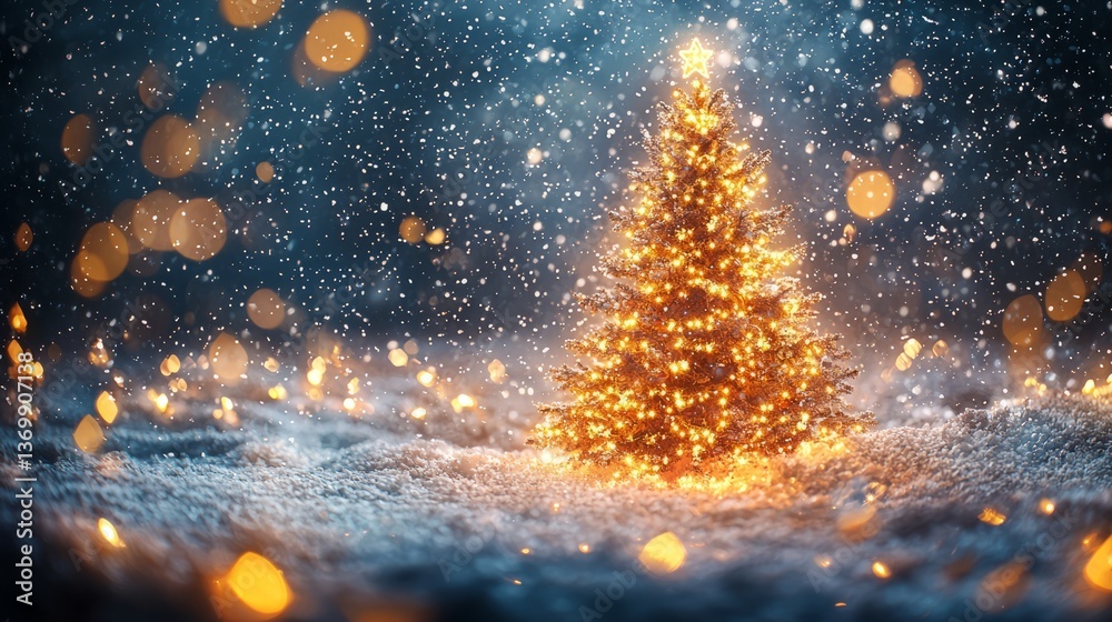 Naklejka premium Magical Christmas Tree with Glowing Lights and Falling Snowflakes