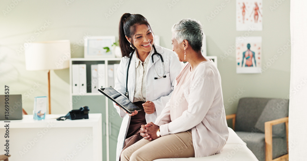 Mature patient, doctor and tablet for healthcare, support or conversation with checkup appointment in office. Female person, medical professional and diagnosis talk for senior woman at clinic