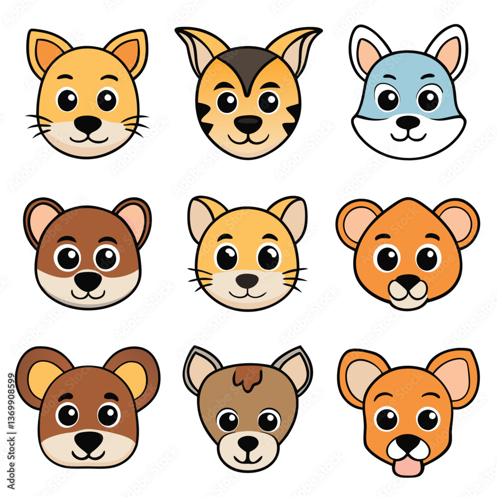 Funny vector animal faces: a playful collection of cartoon pet, baby, and zoo animal character illustrations including cats, dogs, bears, rabbits, pigs, foxes, lions, pandas, and cows Funny vector animal faces: a playful collection of cartoon pet, baby, and zoo animal character illustrations including cats, dogs, bears, rabbits, pigs, foxes, lions, pandas, and cows