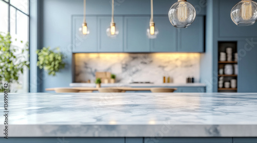 An empty marble island in a vintage blue kitchen designed in a Provence style, with a blurred dining table, stylish furniture, and pendant lighting above