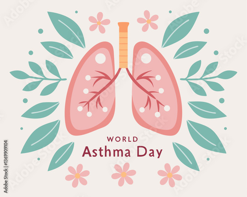 World Asthma Day Illustration with Lungs and Floral Elements Design
