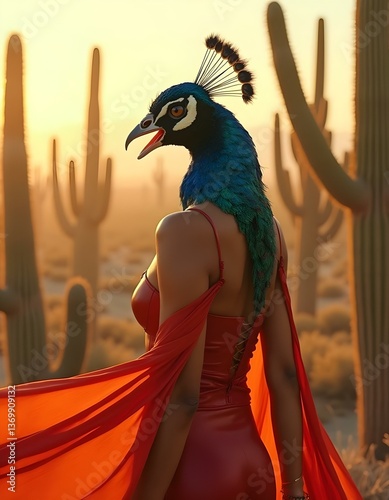 Surreal woman with peacock head in red dress walking in desert at sunset