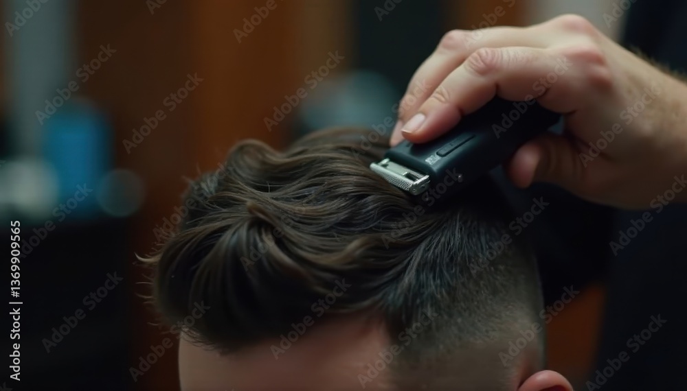 Fototapeta premium Barber's hand skillfully using clippers on dark hair, hair salon, technique