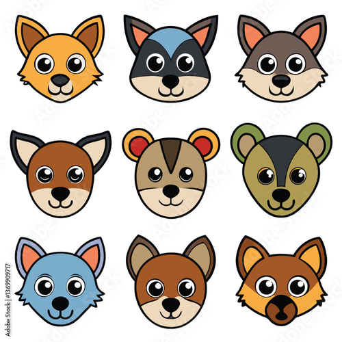 Funny collection of cute cartoon animal heads including cats, dogs, pigs, and bears