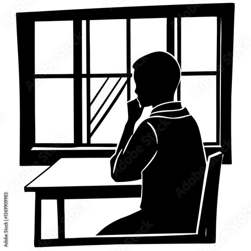 A silhouette of a student looking out of the classroom window, lost in thought 