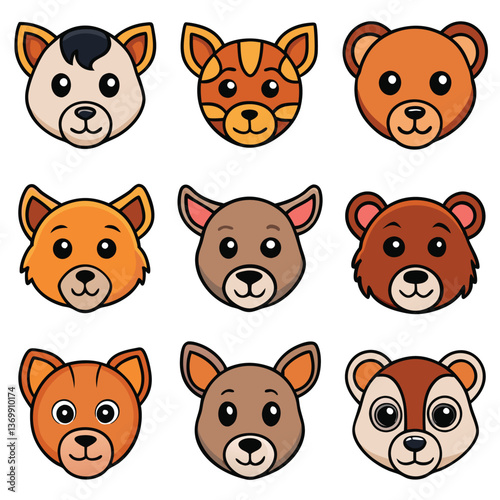 Cute vector cartoon animals icon set with funny faces