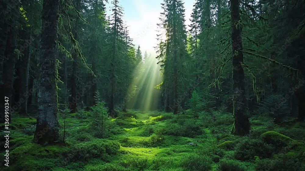 Obraz premium Sunlit Green Forest with Mossy Undergrowth