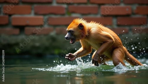 Agile ape snatches chestnut from water, brick wall background , action, monkey