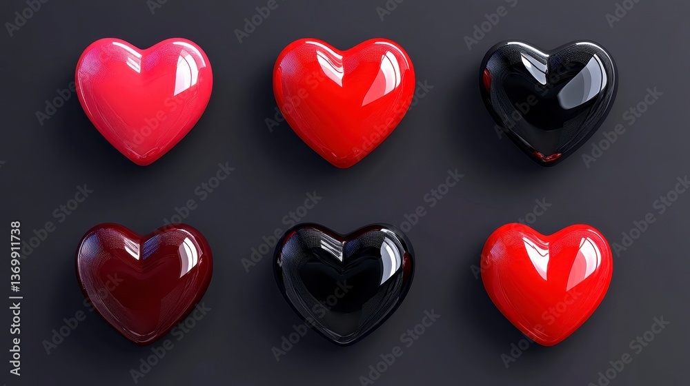 Fototapeta premium Six Glossy Hearts in Red and Black on Dark Gray