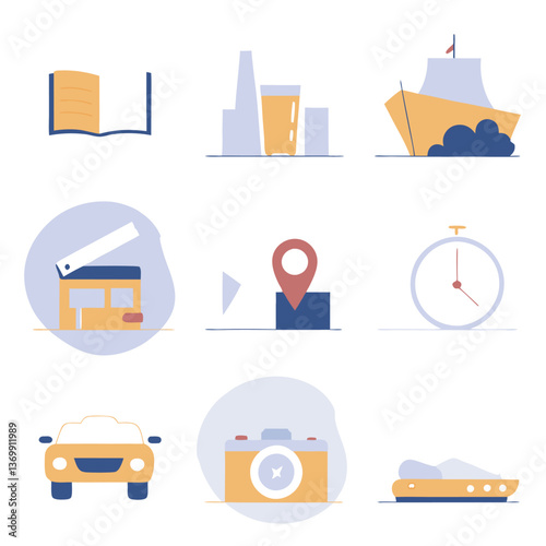 Business and finance vector icon set: a comprehensive collection of flat design symbols for web, travel, money, hotel, computer, and school