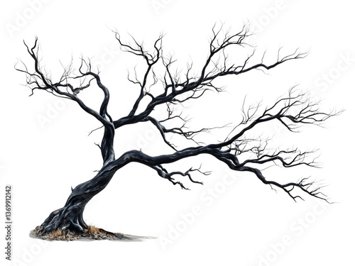 Twisted black tree with skeletal gnarled branches