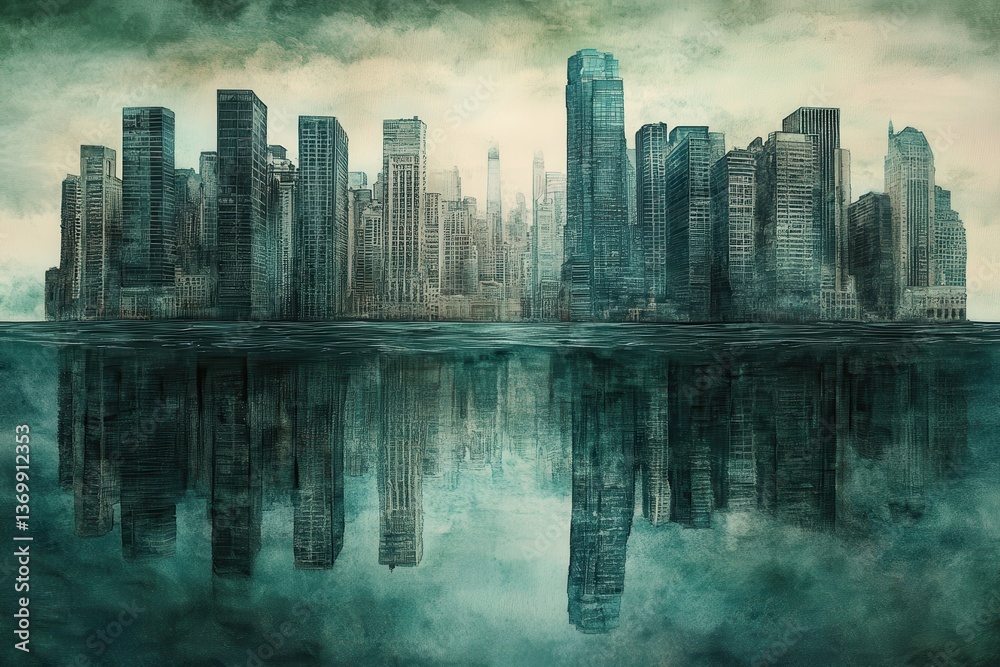 Obraz premium Submerged Metropolis Apocalyptic Cityscape Reflection.