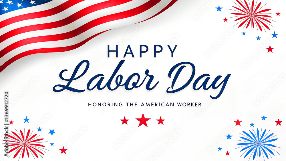 Obraz premium A clean and elegant Happy Labor Day banner with an American flag, fireworks, and classic typography, symbolizing the dedication and hard work of American workers