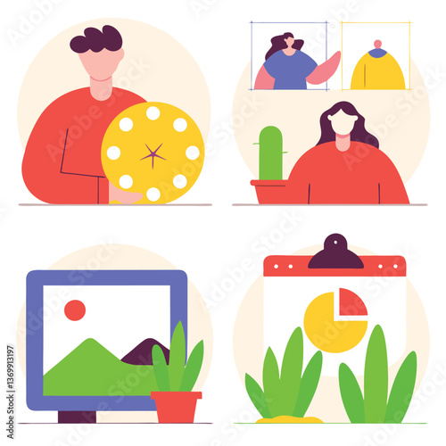 This set of vector icons depicts people engaged in business communication and various job-related work, featuring flat illustrations of person silhouettes, stick figures, and a woman symbol to convey 
