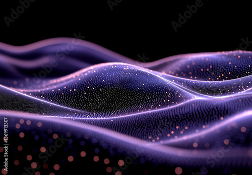 A pink and purple gradient background with glowing dots, featuring undulating wavy lines in the middle of it. The entire scene is filled with light particles that create an ethereal atmosphere.