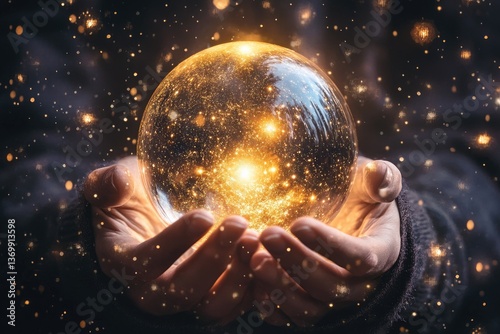 Crystal ball held in hands, radiating light photo