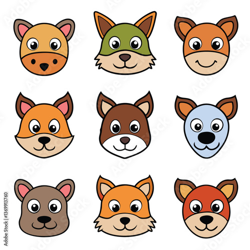 Funny cartoon cat character vector illustration set with cute animal heads
