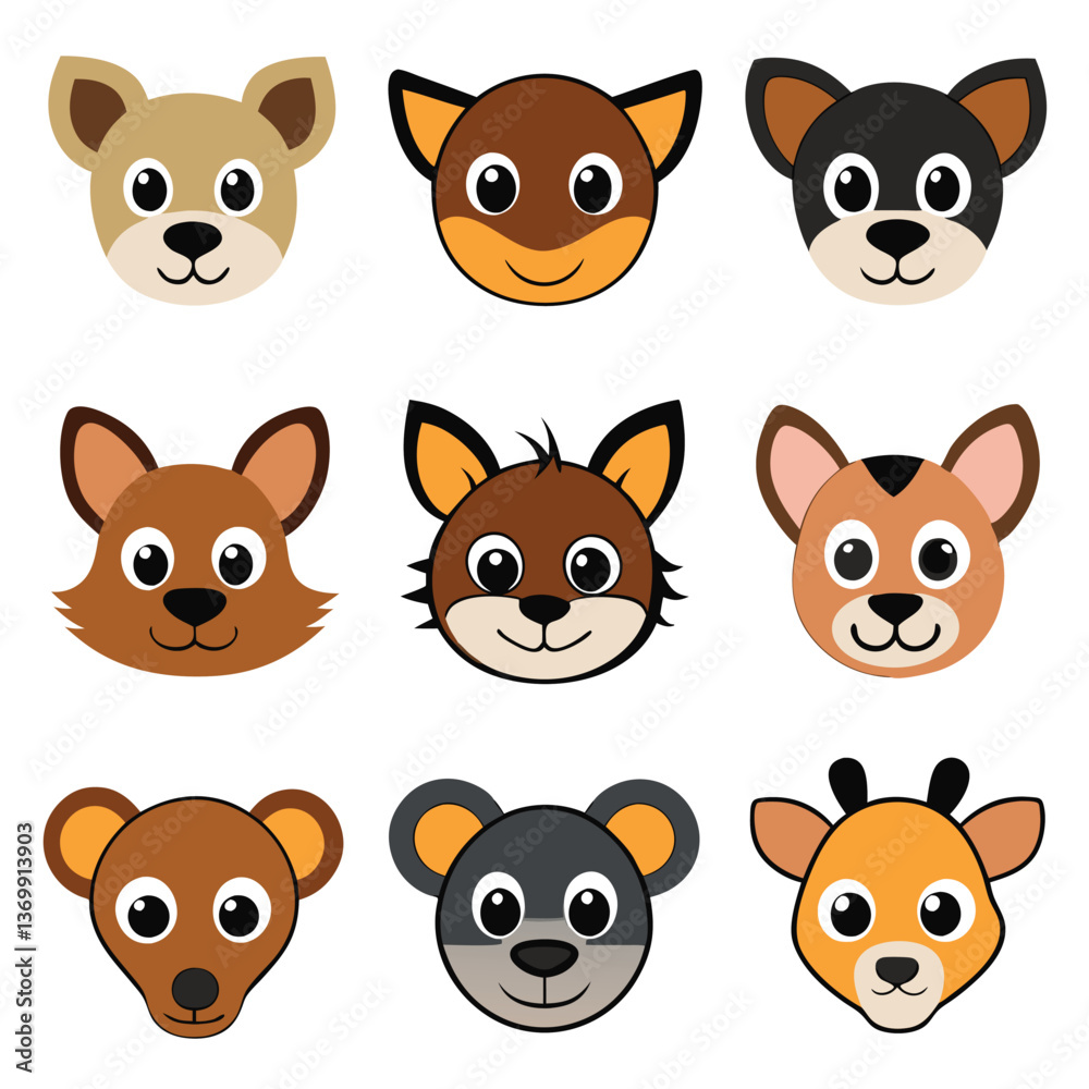 Fototapeta premium Funny cartoon animal characters set with cute faces, perfect for a collection of baby pet icons