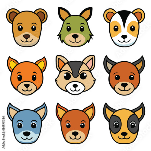 Funny cartoon animal heads set with cute pet, zoo, and baby mammal character vector icons