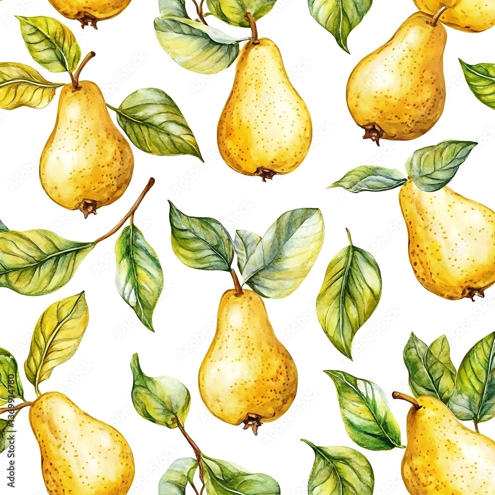 Obraz premium Seamless Watercolor Pattern with Pear Fruits and Leaves