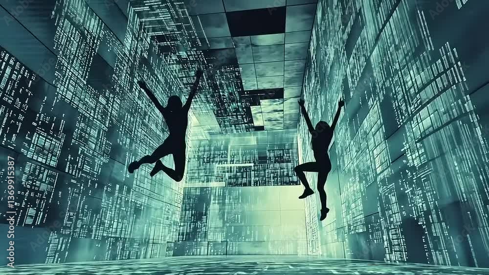 Two silhouetted dancers perform in a futuristic digital environment with glowing patterns and data visuals