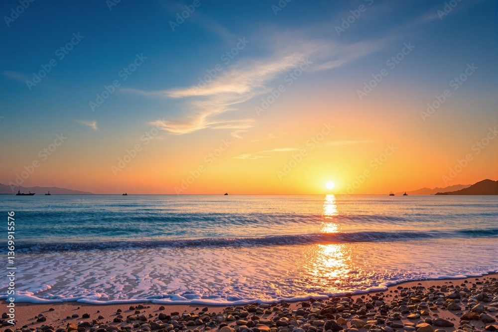 Naklejka premium Peaceful sunrise over calm sea with small waves and rocky beach foreground, realistic style, under a colorful sky background, concept of serenity. Ai generative