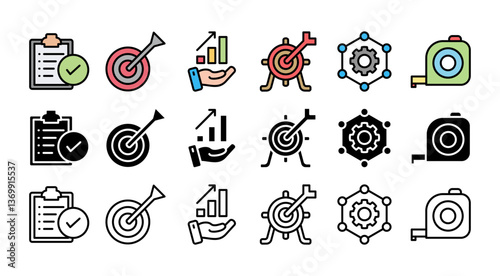 VOKTFMB.icon with multiple style verifiable, objective, key results, target, framework, measurable, benchmark, 