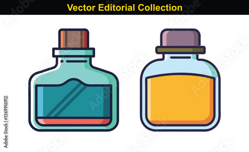 Vector Ink Bottle Icon Collection, A collection of two vector illustrations of ink bottles in different colors and simple designs.
